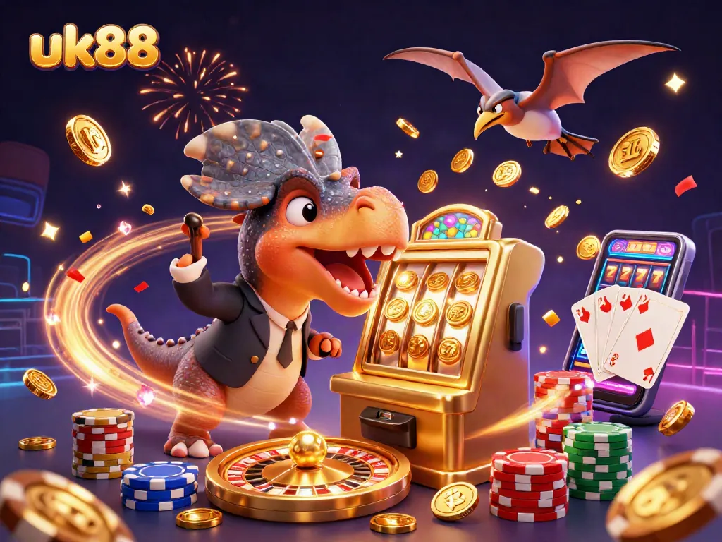 Experience jackpots at uk88 as a pachycephalosaurus celebrates massive wins in a casino.