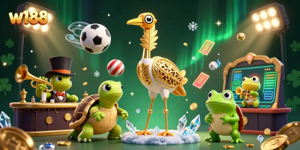 Engage with w188 at a lively casino scene showcasing characters and dynamic sports elements in a vibrant setting.