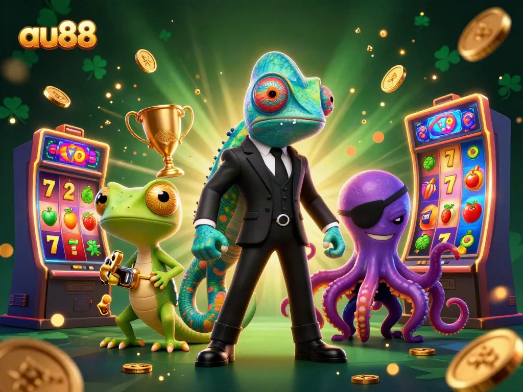Engaging action at au88 with a vibrant illustration of a colorful casino scene filled with lively characters and slot machines.