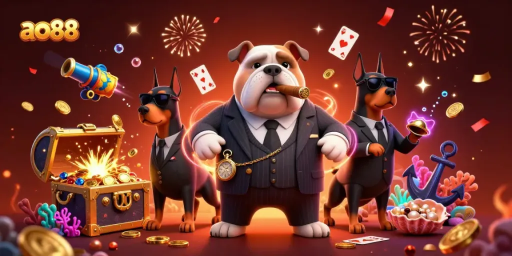 Experience thrilling gaming moments with ao88's vibrant digital casino scene featuring a bulldog mafia boss and treasure.