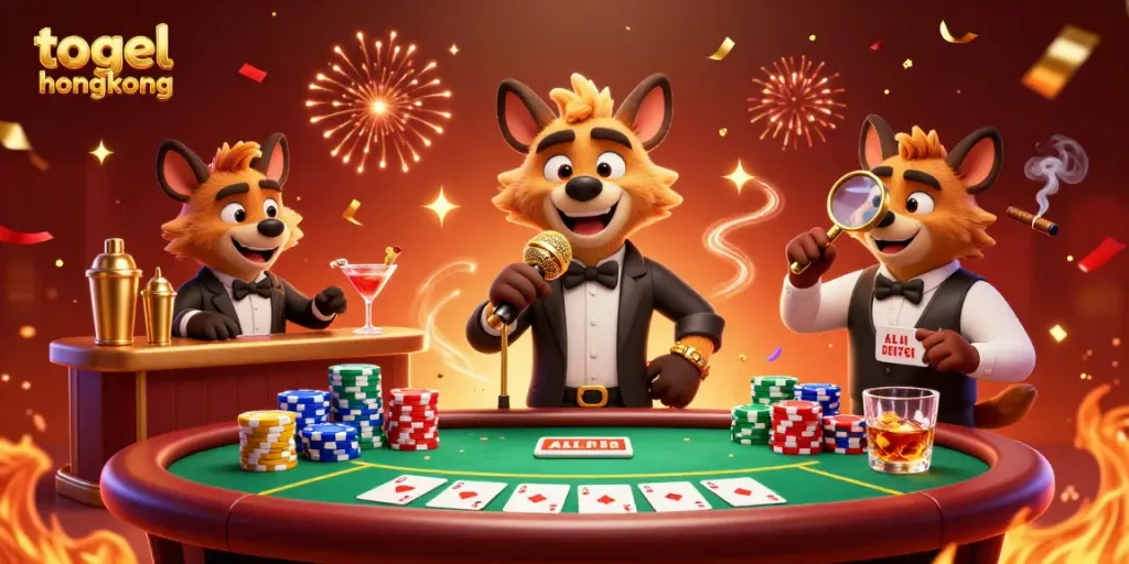 Engage in vibrant togel hongkong action with a comedic hyena at the casino, surrounded by poker chips.