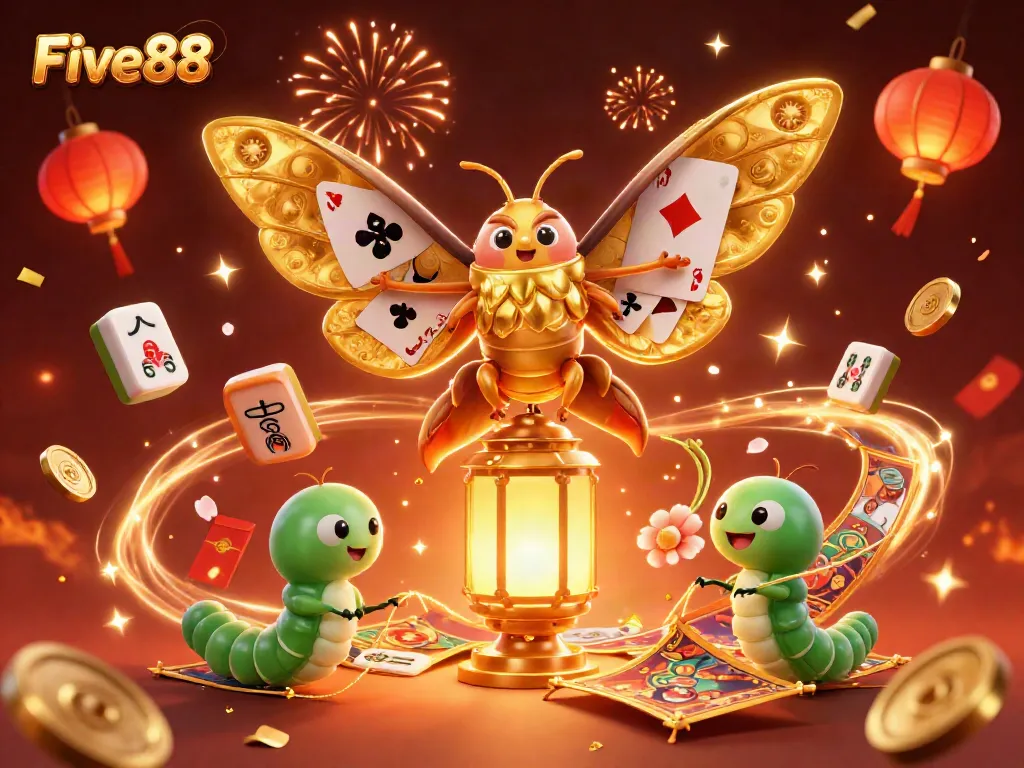 Experience excitement at Five88 with golden wings, vibrant casino elements, and fireworks in the background.