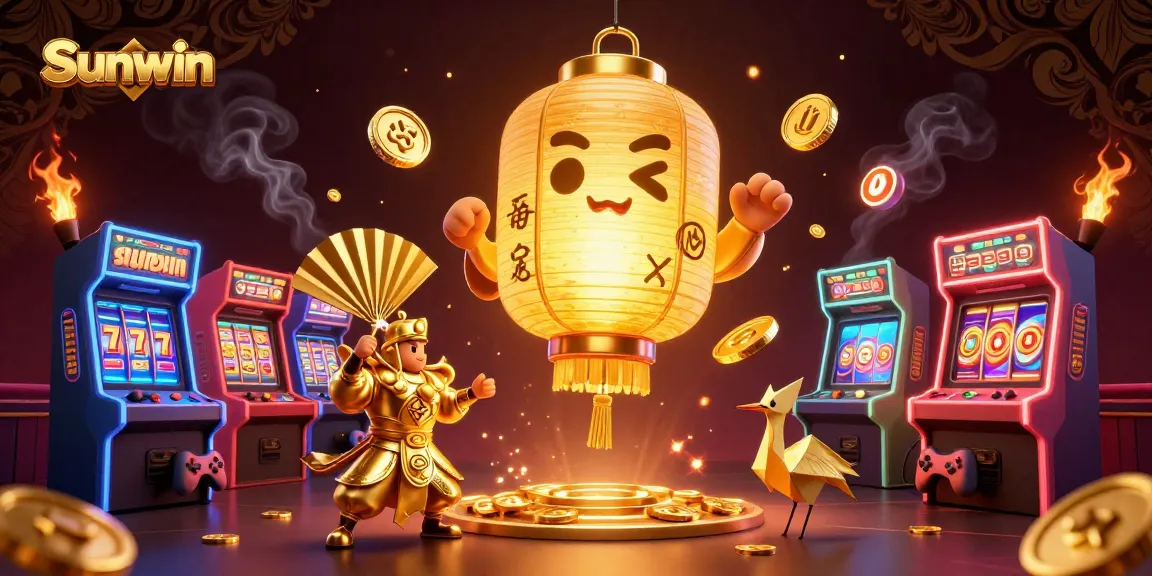 Experience the thrill of Sunwin with a vibrant 3D casino scene featuring golden spirits and game machines bursting with energy.