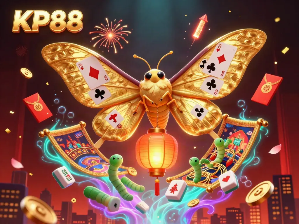 Engage with the vibrant KP88 casino experience featuring an animated moth, golden lanterns, and festive mahjong tiles.