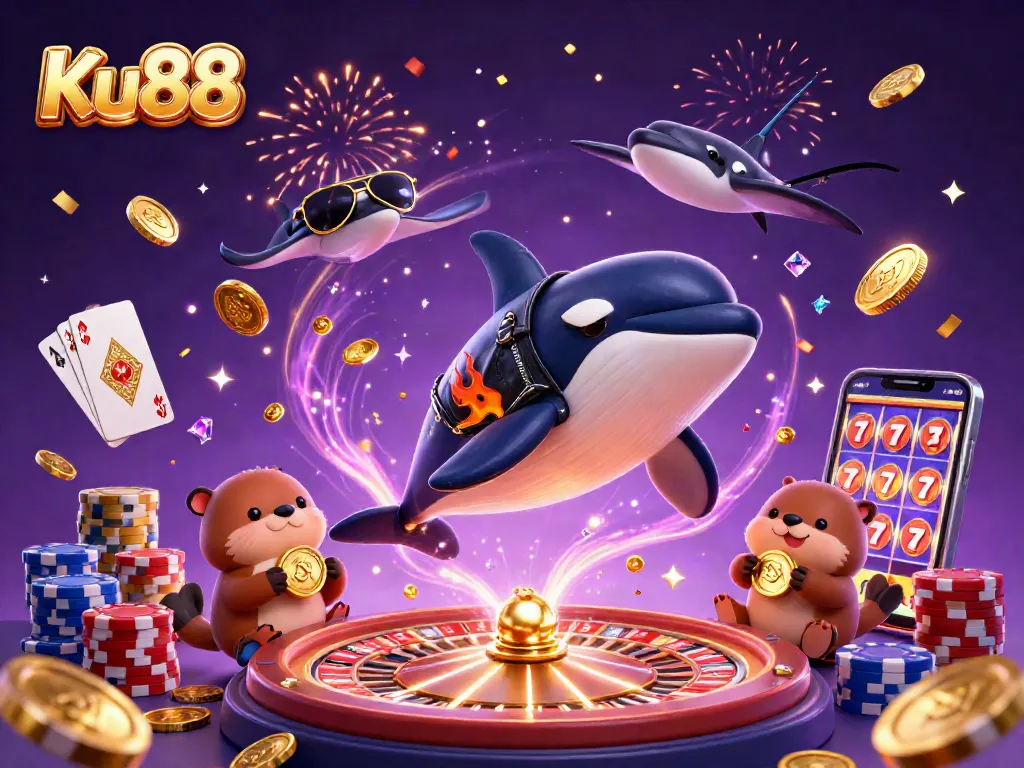 Win big with Ku88 as playful sea creatures celebrate amidst cascading coins and the thrill of gaming.