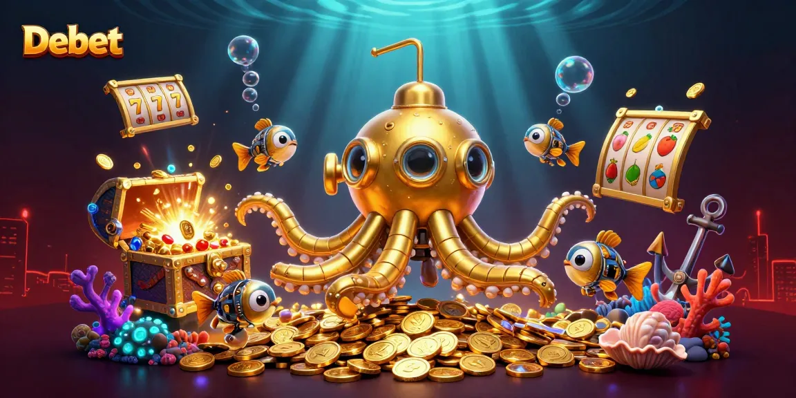 Engage with Debet's thrilling world of slots, a golden kraken submarine amidst riches.