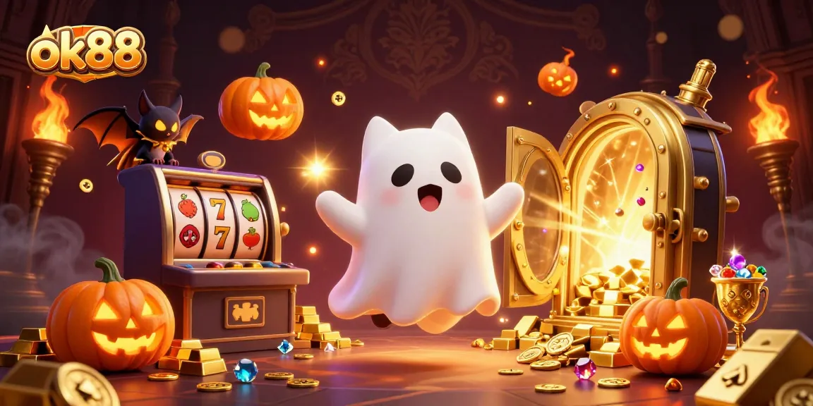 Experience thrilling slots with ok88 as friendly ghost cat and vampire bat explore a haunted casino.