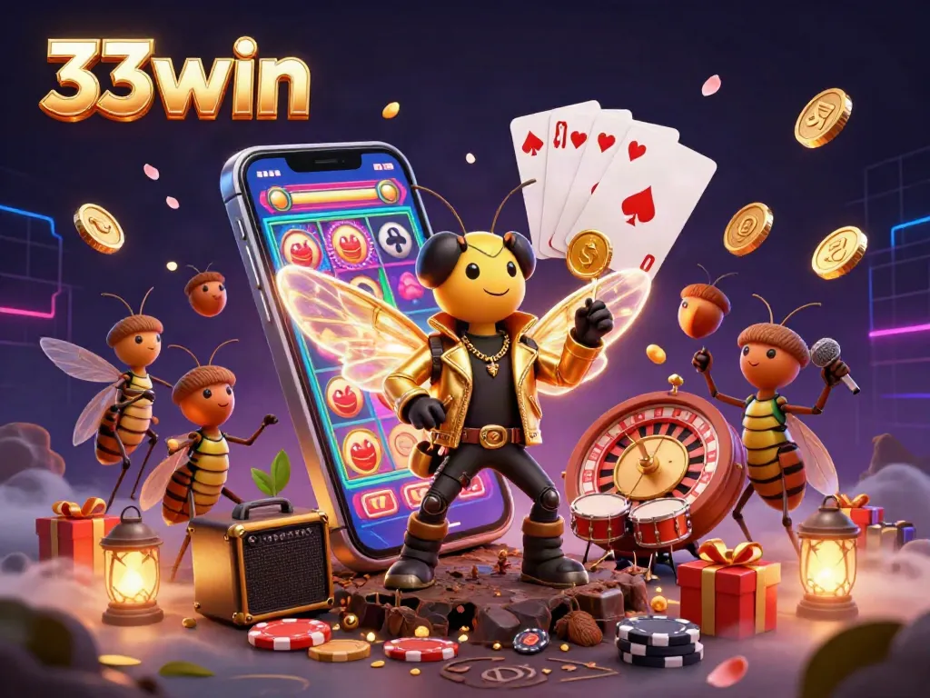 33win showcases a thrilling casino spectacle with characters celebrating wins amidst vibrant slot games and rich colors.