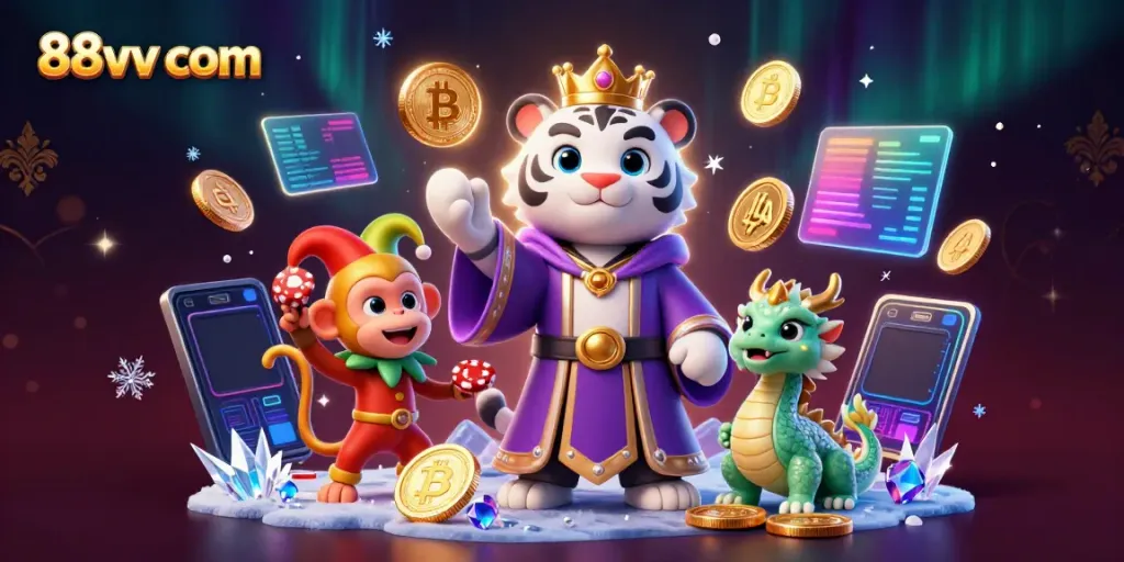 Engage with 88vv com in a vivid casino fantasy featuring a majestic white tiger and playful monkey.