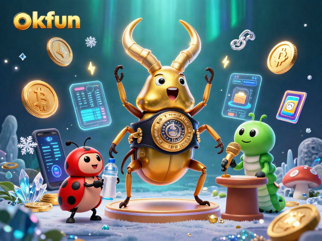 Engage with okfun for thrilling casino action featuring a boxing beetle and vibrant crypto elements.