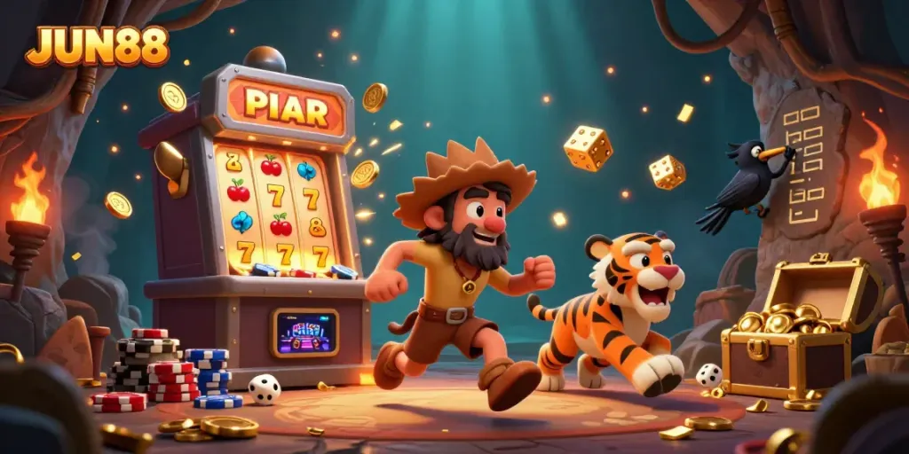 Engage with exciting JUN88 slots and games in a fun-filled prehistoric casino scene.