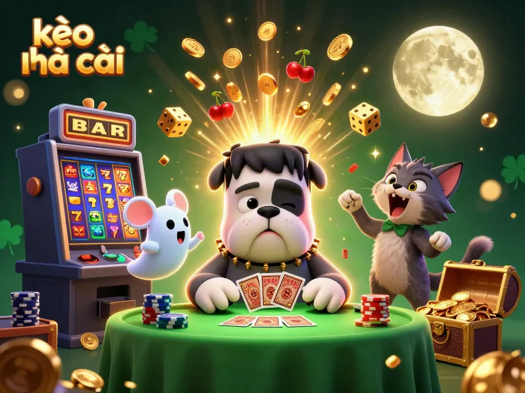 Engaging scene showcasing kèo nhà cái with a cartoon bulldog dealer and exciting slot elements in action.