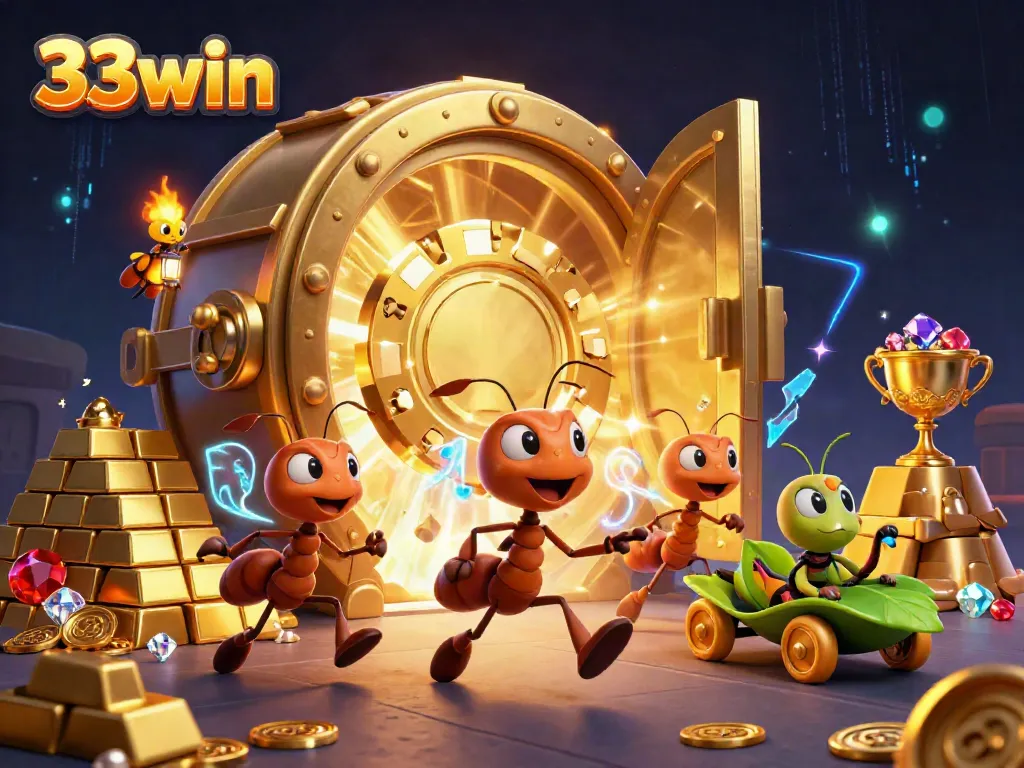 Ants carrying a poker chip and a firefly lookout under neon lights for 33win casino.