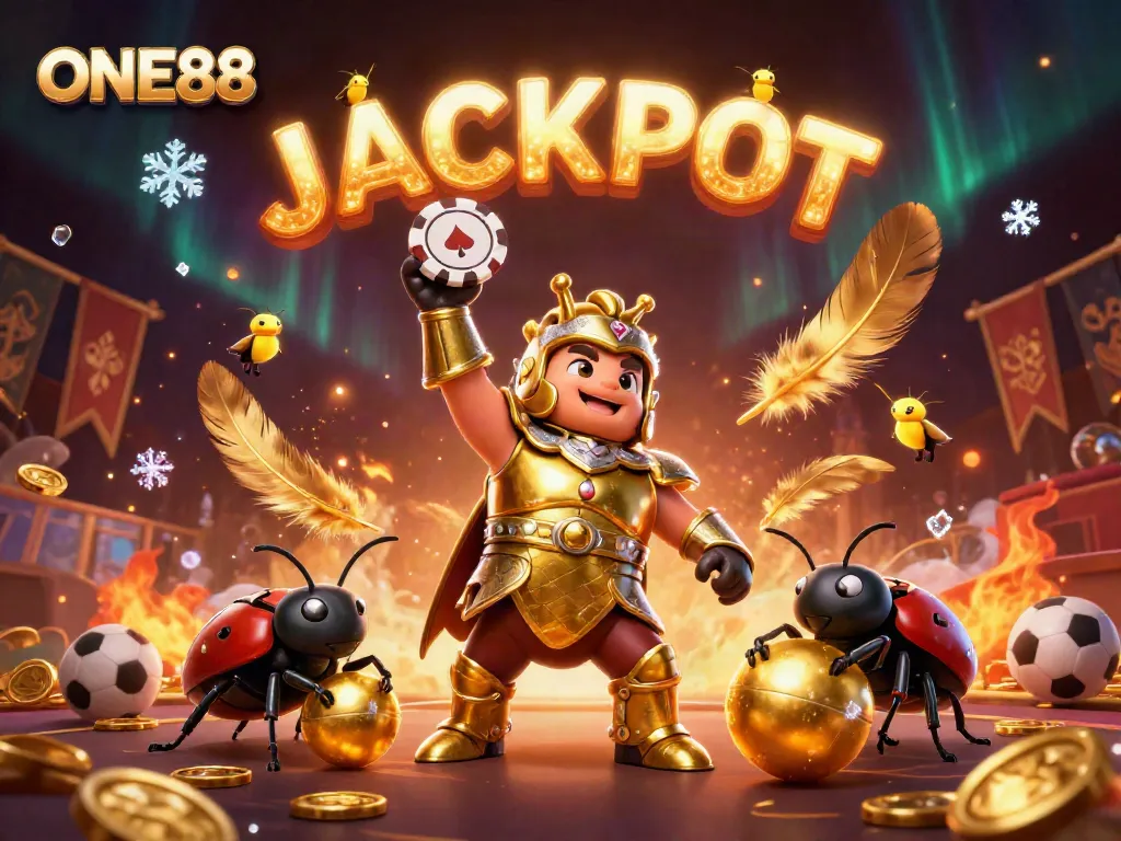 ONE88 showcases a victorious beetle lifting a poker chip amidst dynamic sports betting elements.
