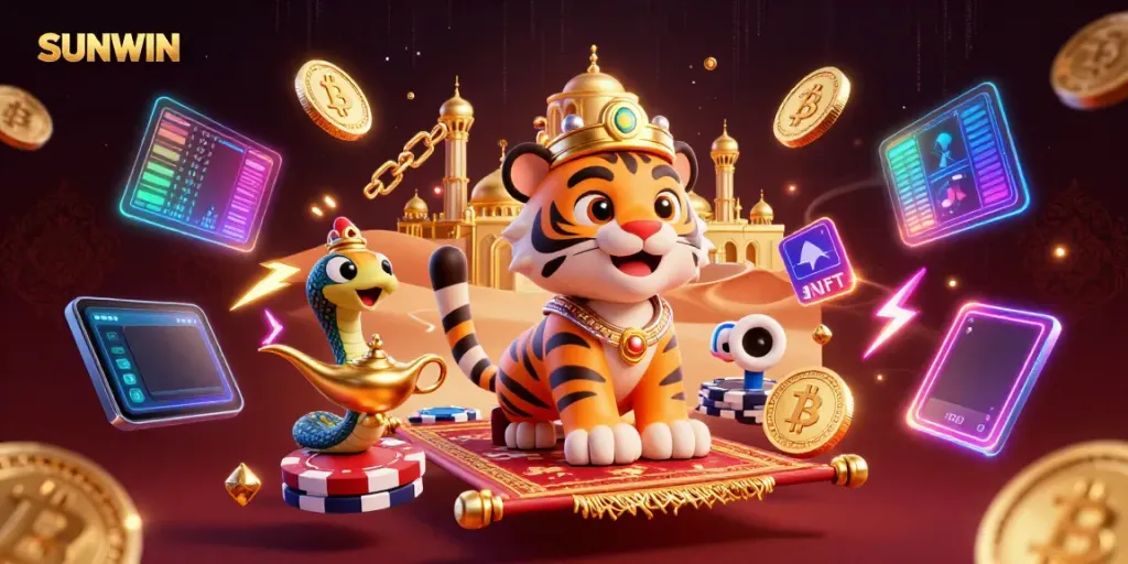 SUNWIN casino adventure featuring a tiger sultan, poker chips, and crypto coins.