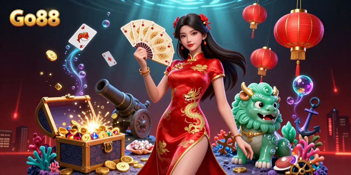 Engage in thrilling aquatic adventures with Go88's vibrant illustration showcasing lively fish shooting elements and luxurious prizes.