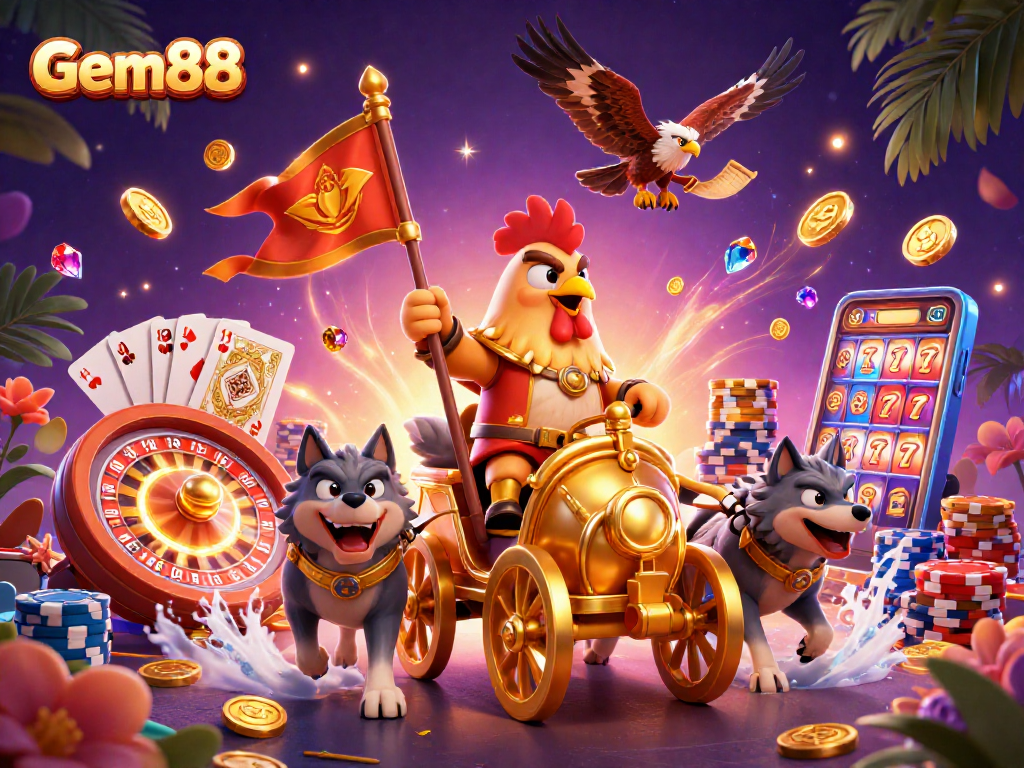 Winning at Gem88 with a cartoon rooster warlord amidst vibrant casino elements.