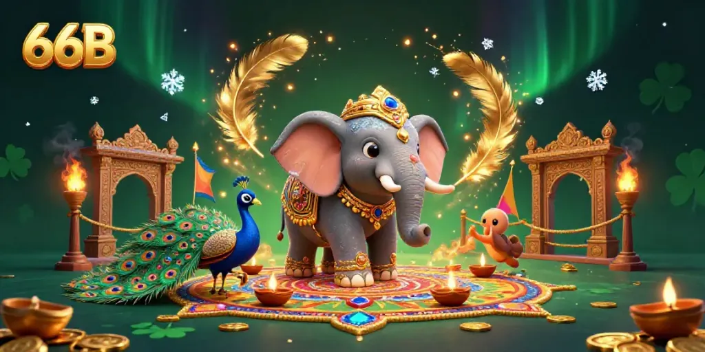 Engage with 66B's vibrant Diwali-themed casino scene featuring colorful characters and dynamic elements.