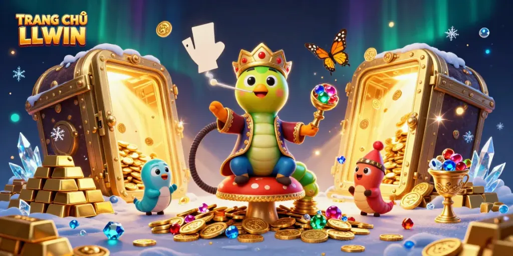 Experience thrilling gameplay at TRANG CHỦ LLWIN with a vibrant illustration of a whimsical gambling scene featuring dynamic characters and treasures.