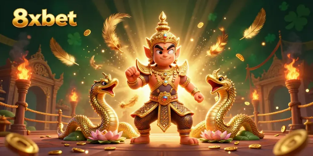 Experience the thrill of 8xbet with vibrant visuals of a casino guardian and gaming elements.
