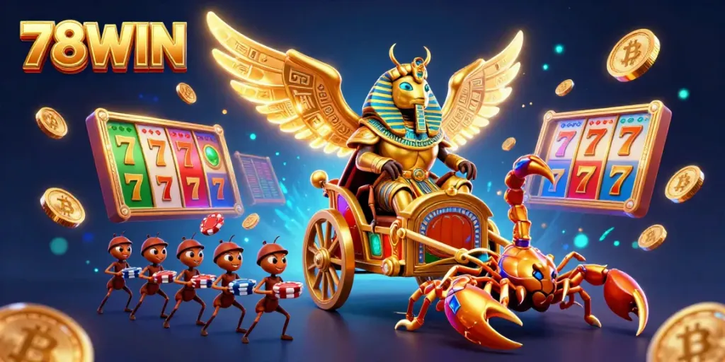 Engage with thrilling gambling action featuring 78WIN's captivating scarab beetle and jackpot elements.