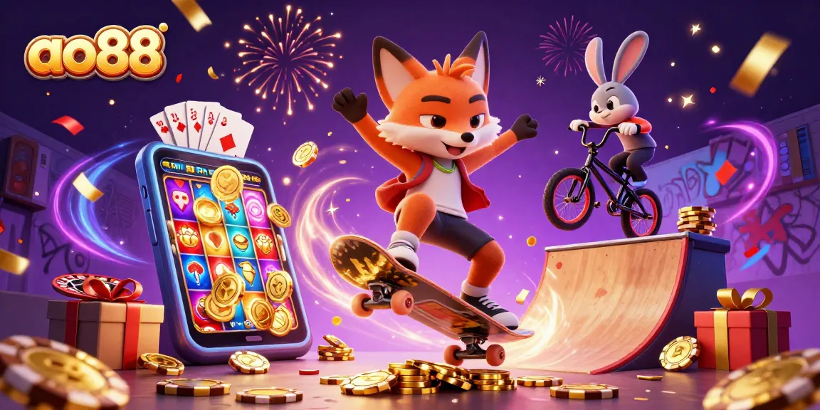 Watch the ao88 skateboarder fox performing tricks over poker chips as coins and cards fly around!