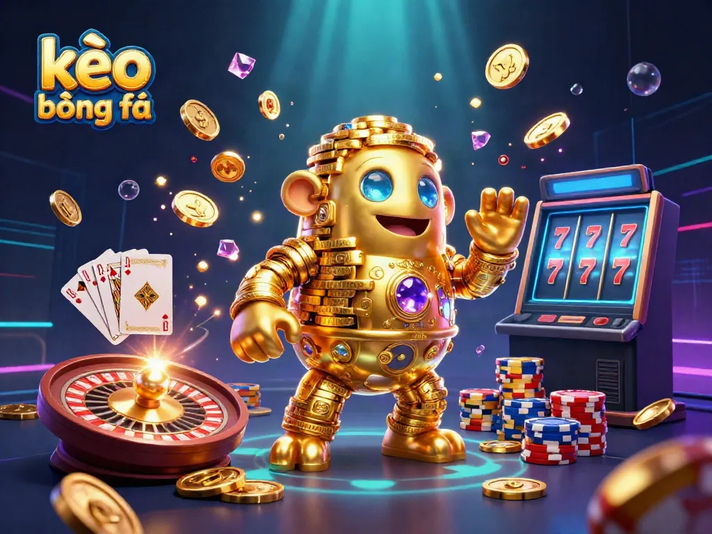 Experience exciting kèo bóng đá action with a vibrant 3D casino scene featuring golden golem and dynamic betting elements.