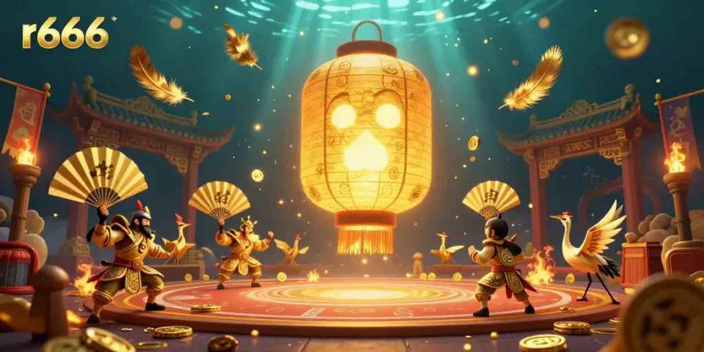 Engage in the vibrant r666 casino scene featuring a glowing lantern spirit, warriors, and golden treasures.