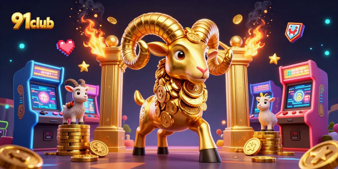 Engage with 91club's dynamic betting experience, featuring a vibrant golden ram and arcade elements.