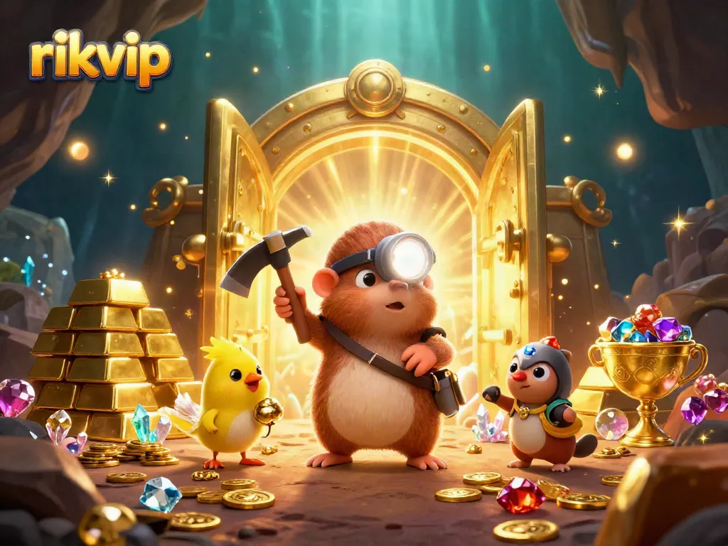 Engage with rikvip's thrilling treasure hunt featuring a cartoon mole and canary amid sparkling gems.