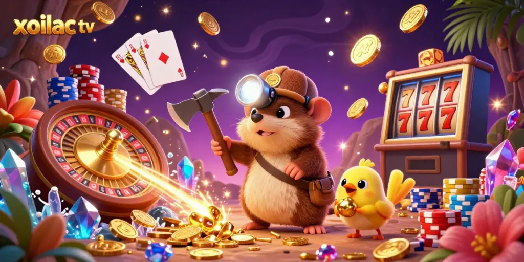 Engage with xoilac tv as a treasure hunter mole discovers riches in a vibrant casino cave scene.