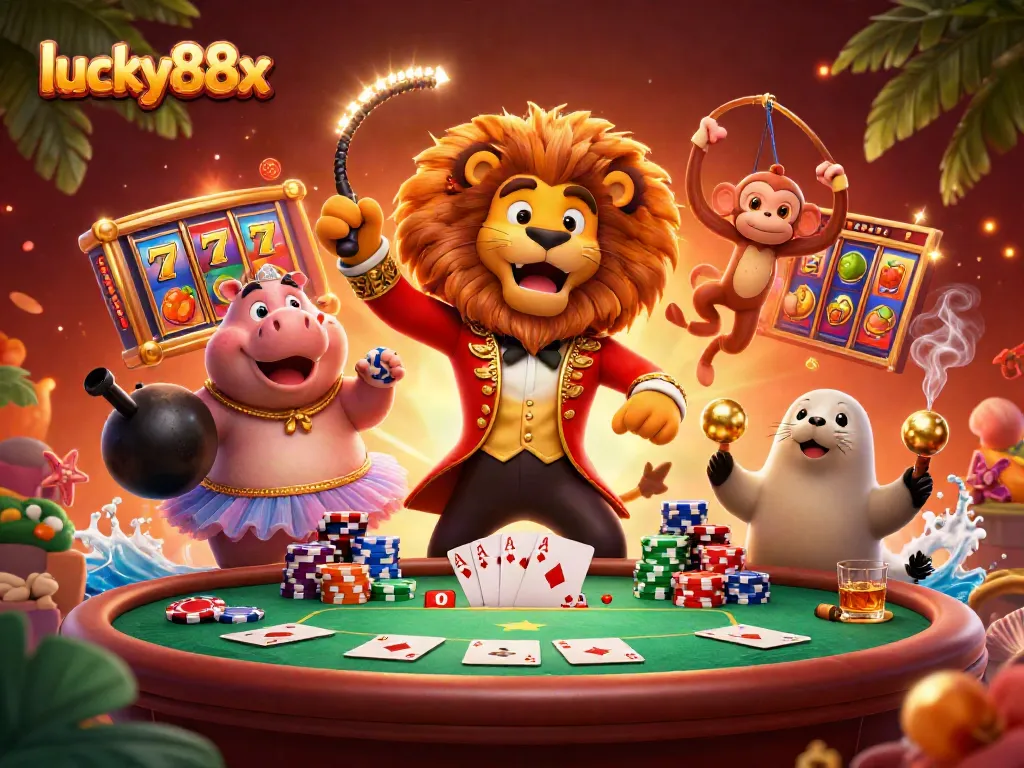 Experience the excitement of lucky88x with vibrant slots and dynamic characters in a casino scene.