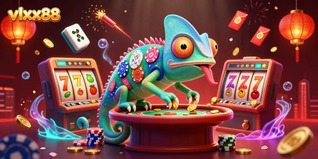 Experience vibrant casino action with vlxx88's chameleon owner capturing golden coins amidst spinning slot reels.