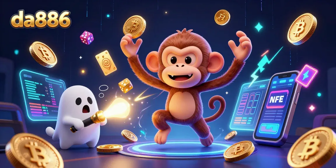Engage with da886 as a playful poltergeist monkey juggles coins in a vibrant casino.