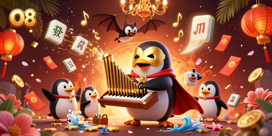 O8 Penguin plays casino organ launching coins, with vibrant elements enhancing the gaming scene.