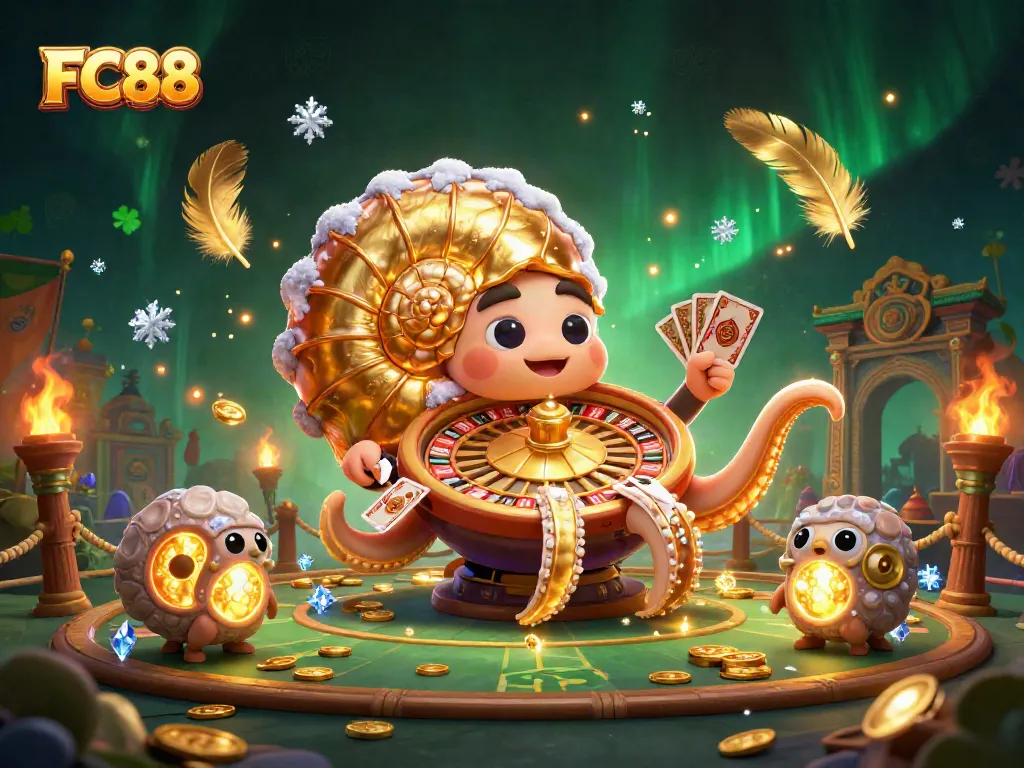 FC88 offers exciting gameplay through a vibrant casino scene featuring a giant nautilus roulette spinner.