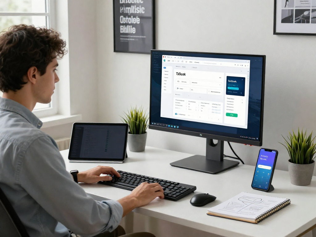 Remote desktop software experience with ToDesk interface in a modern office workspace