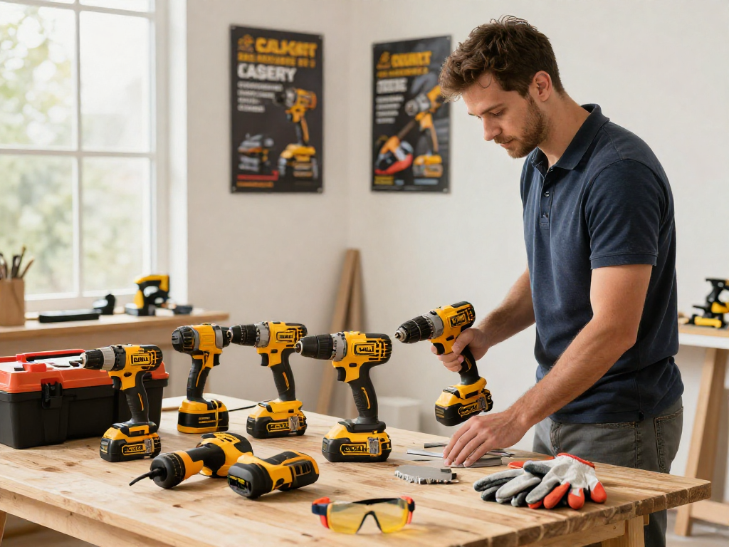 Technician using DeWalt fast charger to power tools in a bright workshop.