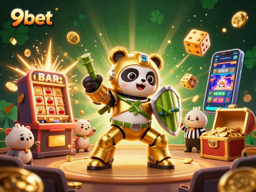 Engage and win big with 9bet in a vibrant casino scene featuring a dynamic mech-suit panda.