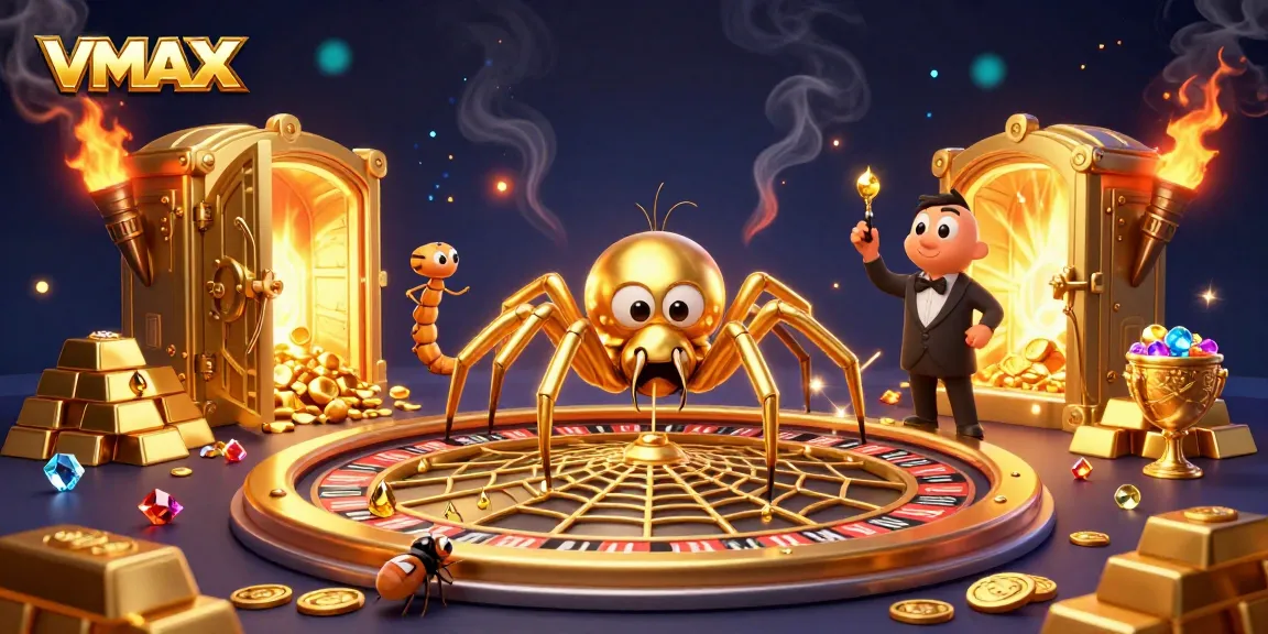 Experience thrilling winnings at VMAX casino with a lively roulette scene featuring a spider and croupier.