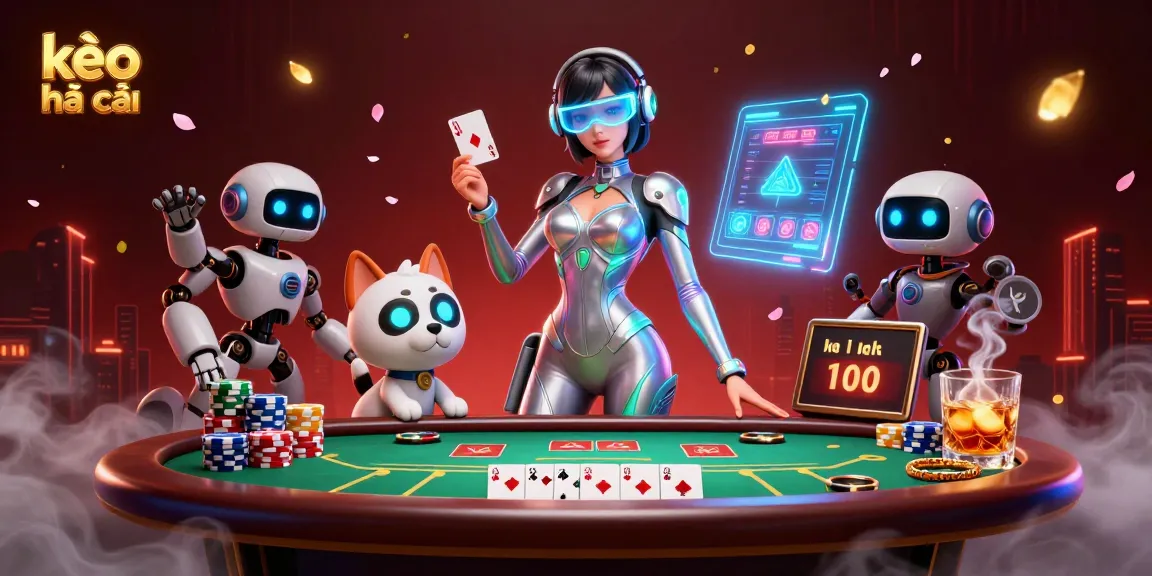 Betters explore kèo nhà cái with a stunning futuristic woman and robot dog amidst a lively poker scene.