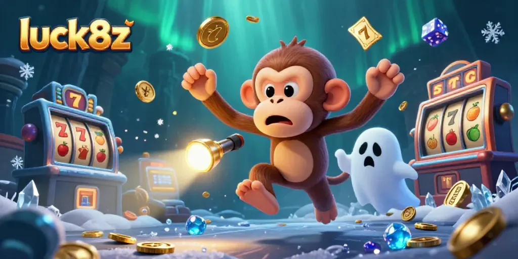 Experience thrill at luck8z with a 3D illustration of a mischievous monkey juggling coins in a casino scene.