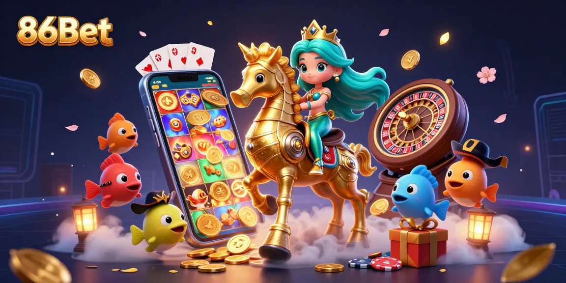 Experience the excitement of 86Bet with a vibrant, colorful casino illustration filled with dynamic gaming elements.