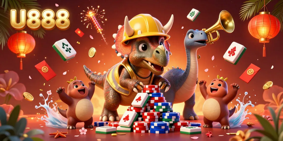 Join the fun at U888 with our vibrant 3D gaming illustration featuring animated characters and festive gambling elements.