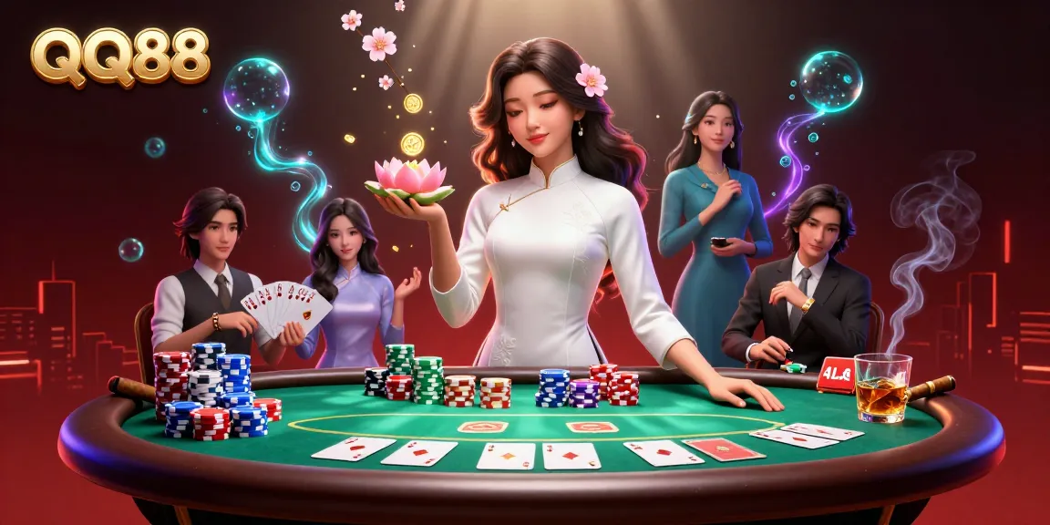 Engage with QQ88 through stunning poker visuals, featuring an elegant woman and dynamic casino elements.
