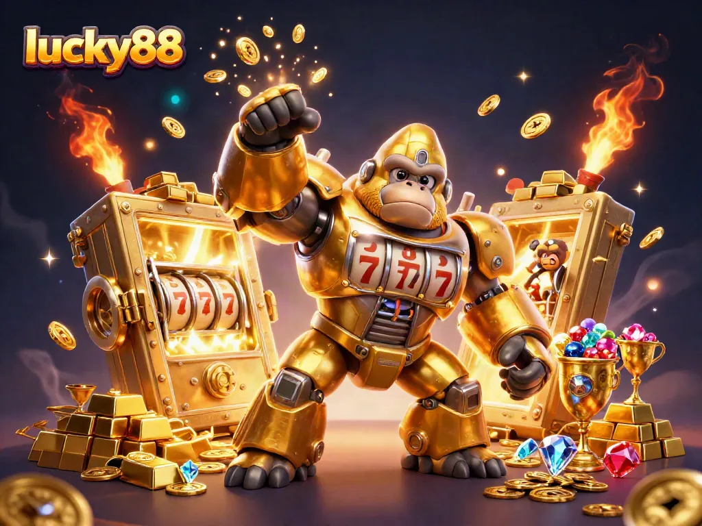 Engage with lucky88's thrilling adventure as a golden gorilla mech soars through a treasure-filled casino scene.