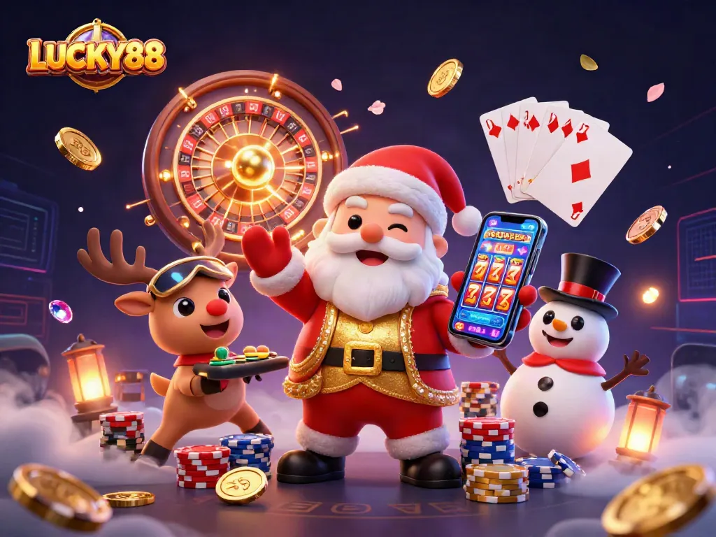 Spin the reels and win with LUCKY88 in a vibrant casino illustration featuring roulette, coins, and festive characters.