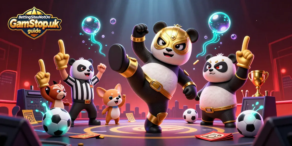 BettingSitesNotOnGamStop.uk guide featuring a dynamic scene of a panda wrestler and chihuahua referee amid sports betting excitement.