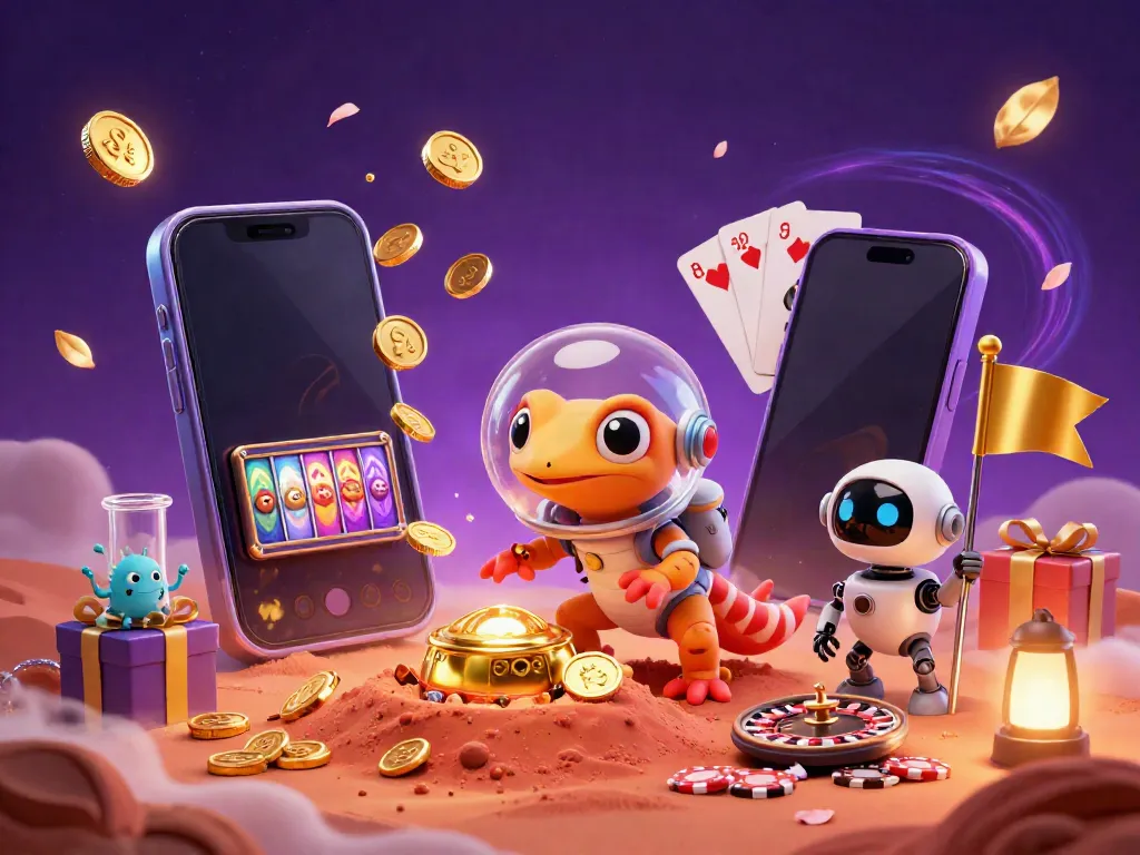 Engage with the exciting world of 9bet casinos featuring a Martian gecko discovering treasures and games.