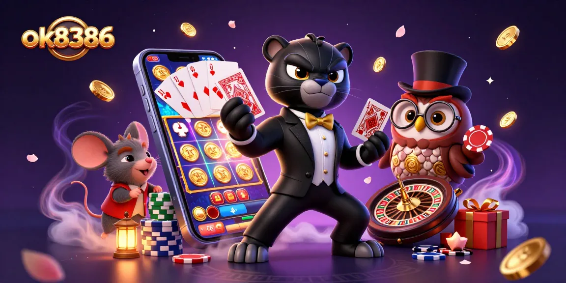 ok8386 showcases a stylish panther dealing cards among vibrant game elements in a lively casino scene.